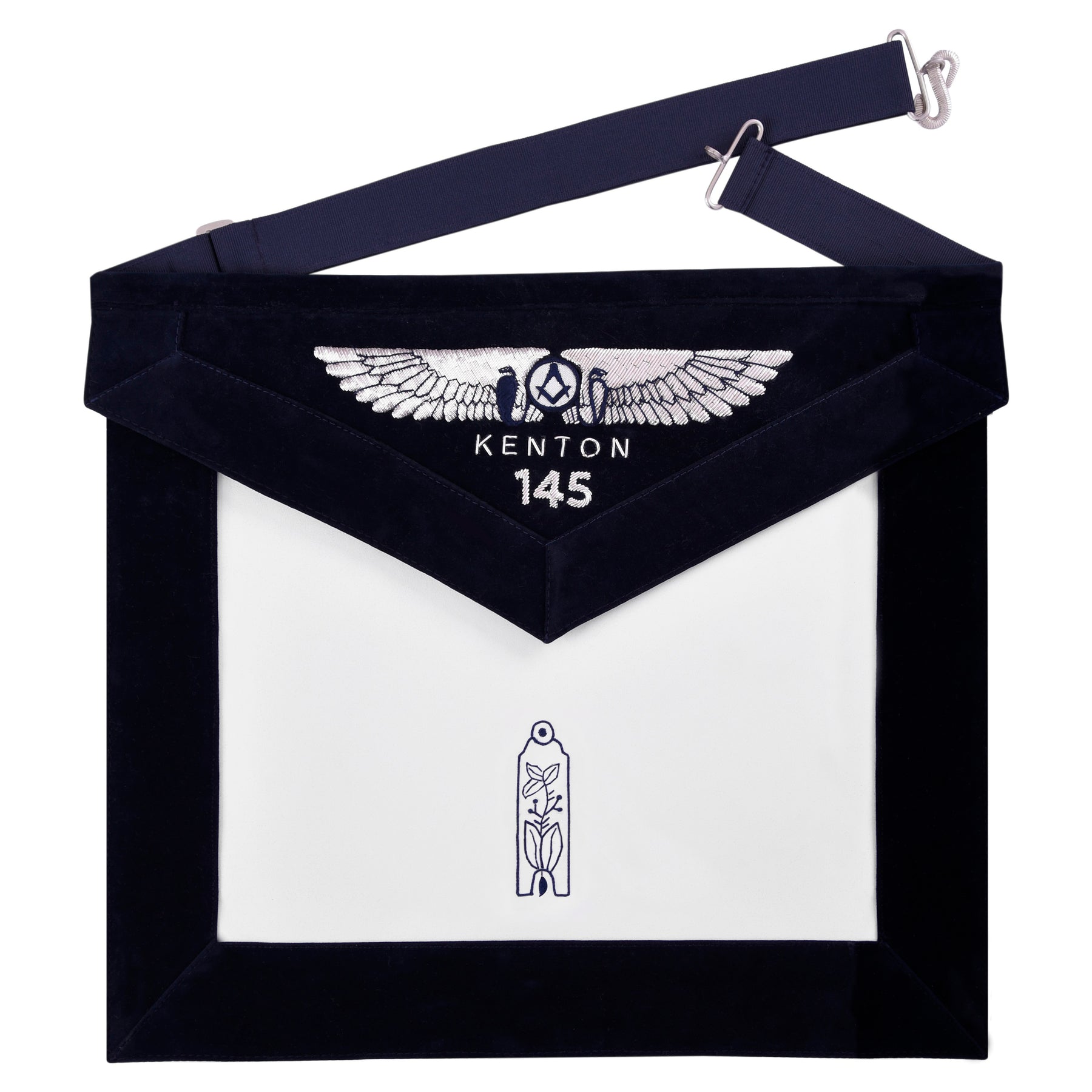 Junior Warden Officer Apron - Kenton Lodge Navy Velvet With Silver Embroidery Thread