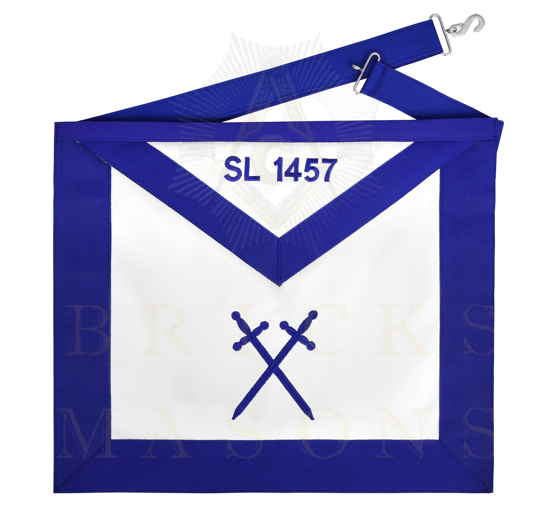Sentinel Blue Lodge Officer Apron - Blue Ribbon With Machine Embroidery Customizable Flap - Bricks Masons