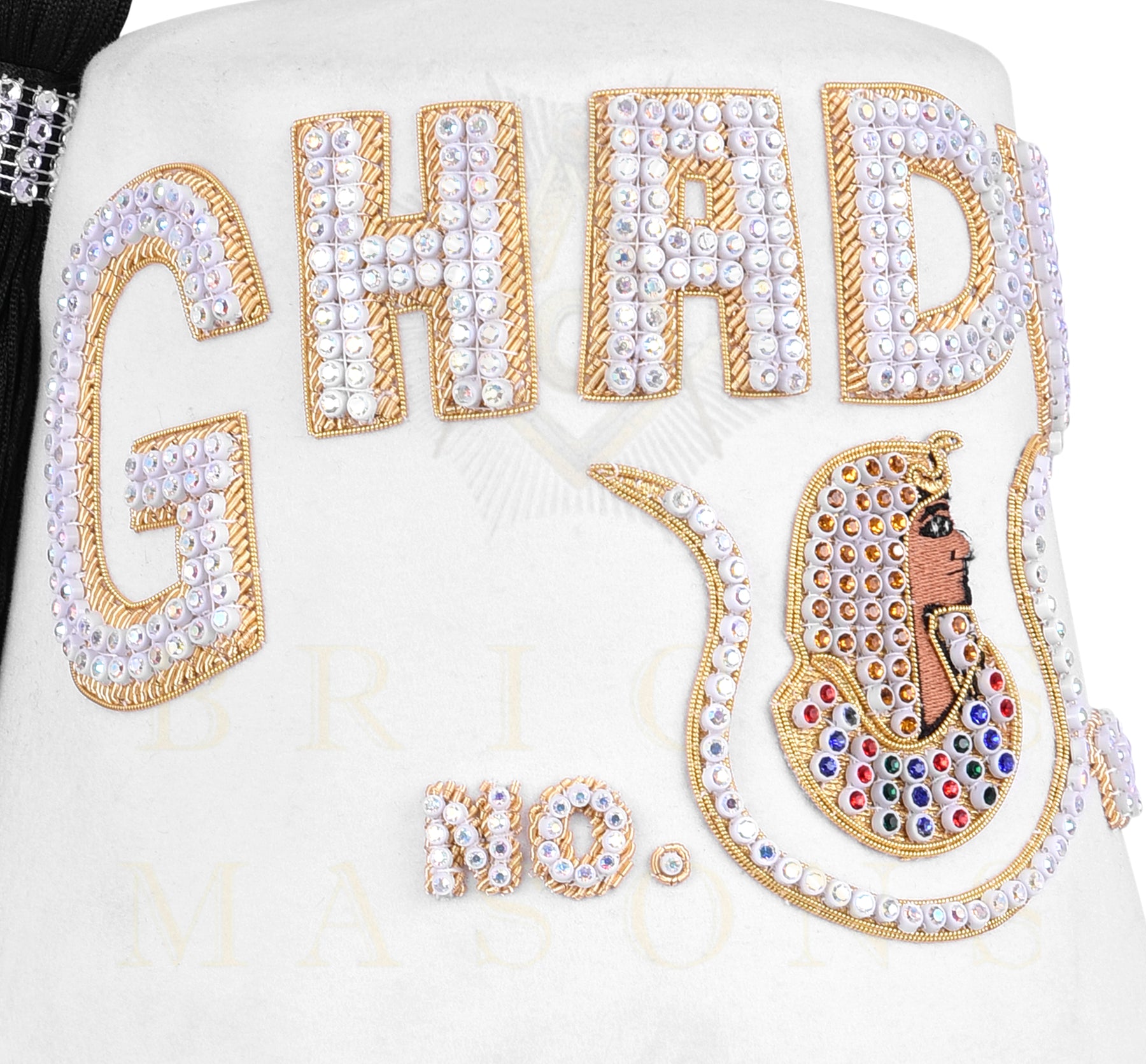 DOI Fez Hat - Pure White & Gold With Rhinestones (3 Rows as pictured) - Bricks Masons