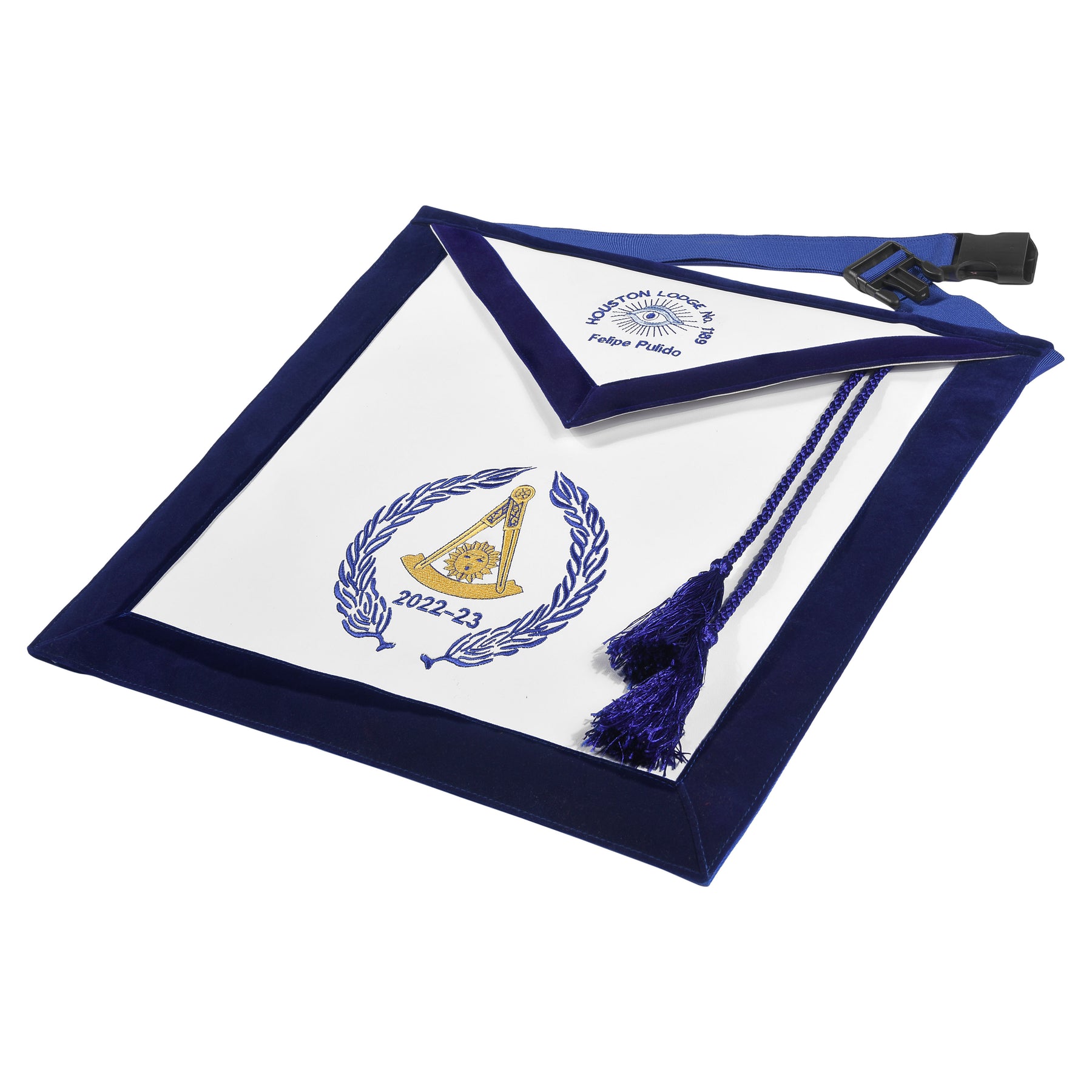 Grand Past Master Blue Lodge California Regulation Apron - Blue Velvet With Hand Threaded Silk - Bricks Masons