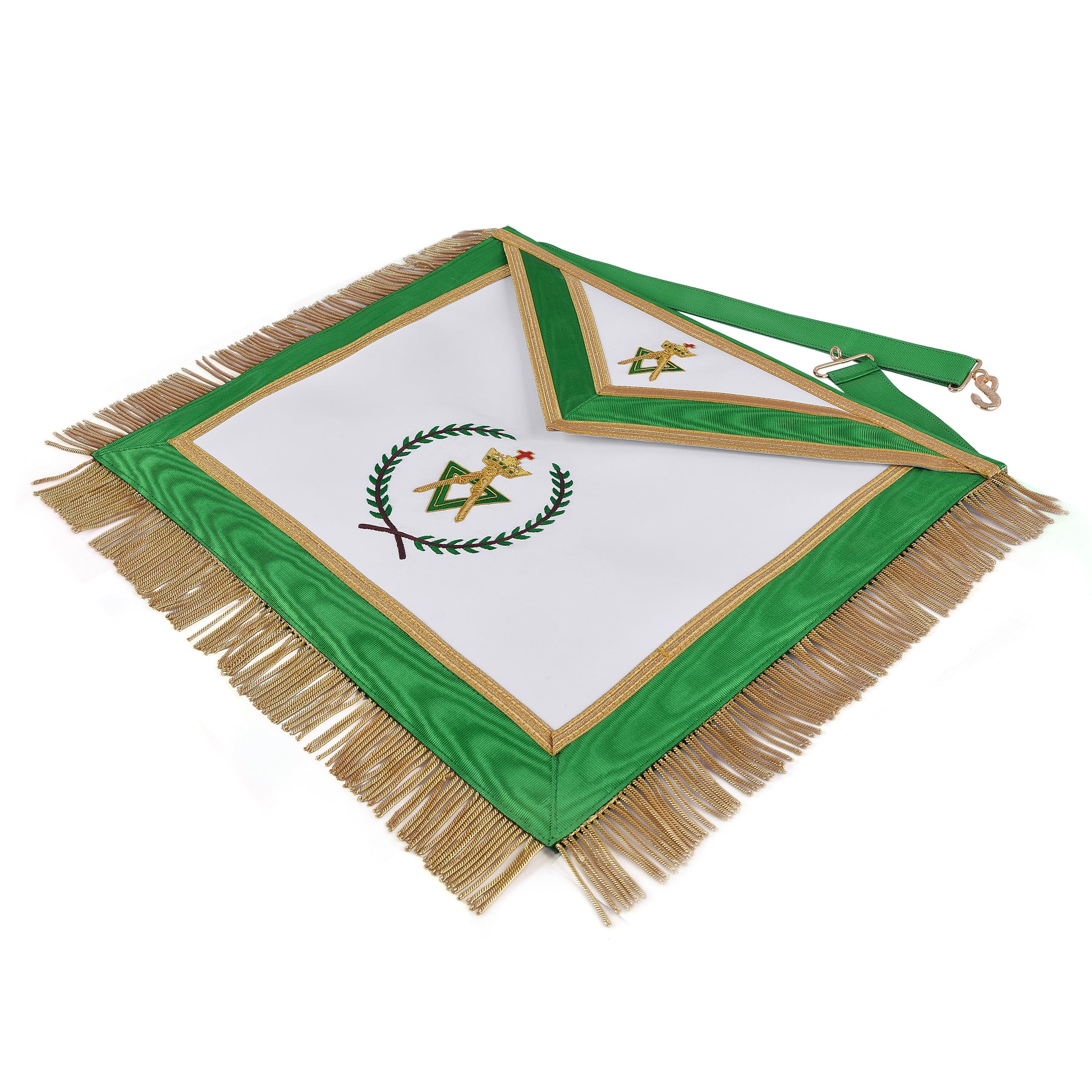 Sovereign Master Allied Masonic Degrees Apron - Green Ribbon With Gold Trim & Fringe - Bricks Masons