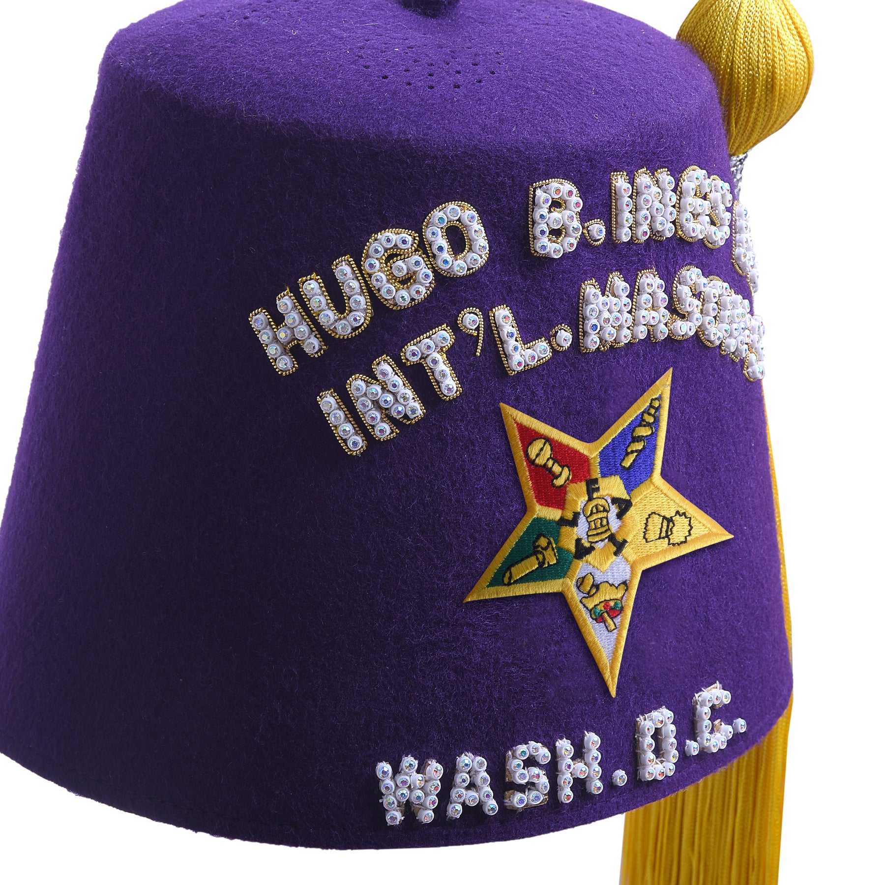 OES Fez Hat - Silk Thread Machine Embroidery And Rhinestones With Purple Background - Bricks Masons