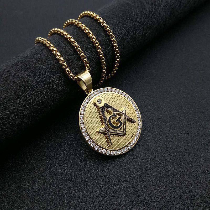 Master Mason Blue Lodge Necklace - Square and Compass with G Iced Out Round (Gold & Silver)