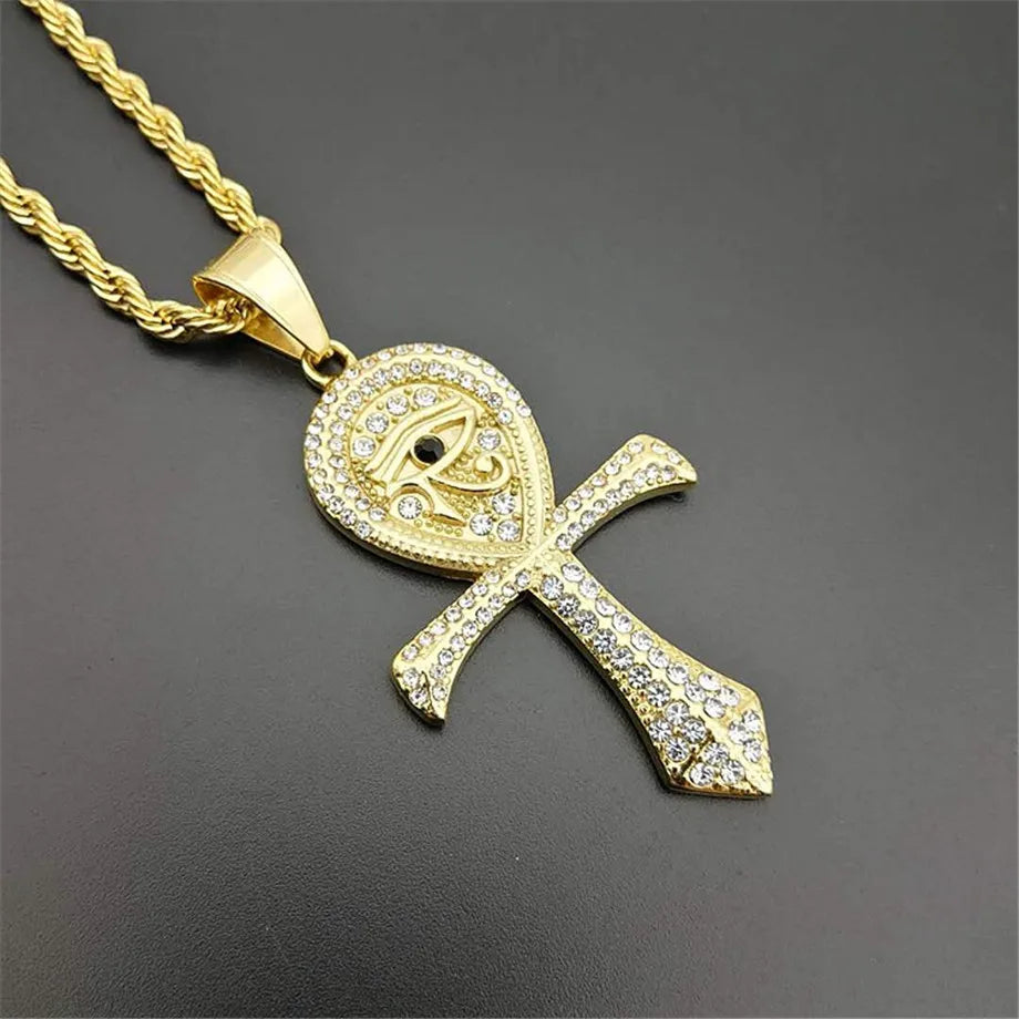 Ancient Egypt Necklace - Egyptian Ankh Cross  Gold Color Stainless Steel - Bricks Masons