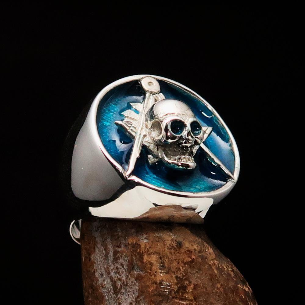 Master Mason Blue Lodge Ring - Blue Sterling Silver With Skull Square and Compass