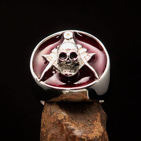 Master Mason Blue Lodge Ring - Red Sterling Silver With Skull Square Compass