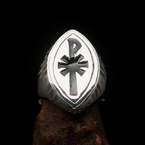 Red Cross Of Constantine Ring - Silver & Black Chi Rho Christogram Sterling Silver