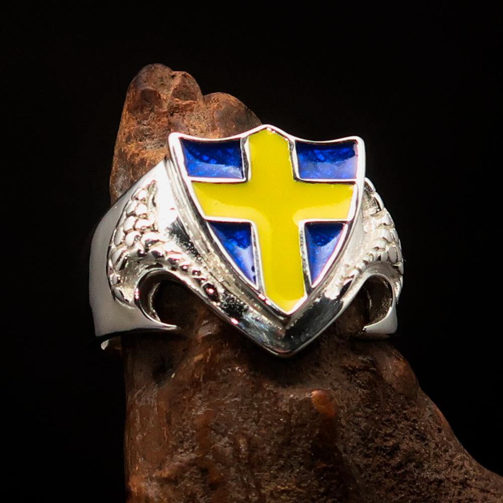 Knights Templar Commandery Ring - Flag of Sweden Yellow Cross on Blue Sterling Silver