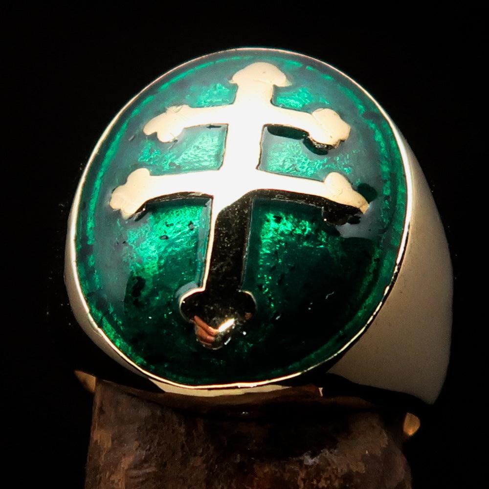 Knights Templar Commandery Ring - Green Brass Lorraine Cross