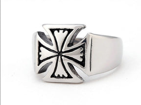 Knights Templar Commandery Ring - Stainless Steel Silver Cross With Black Lines - Bricks Masons