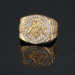 Master Mason Blue Lodge Ring - Gold Rhinestones Square & Compass G Ring - Bricks Masons