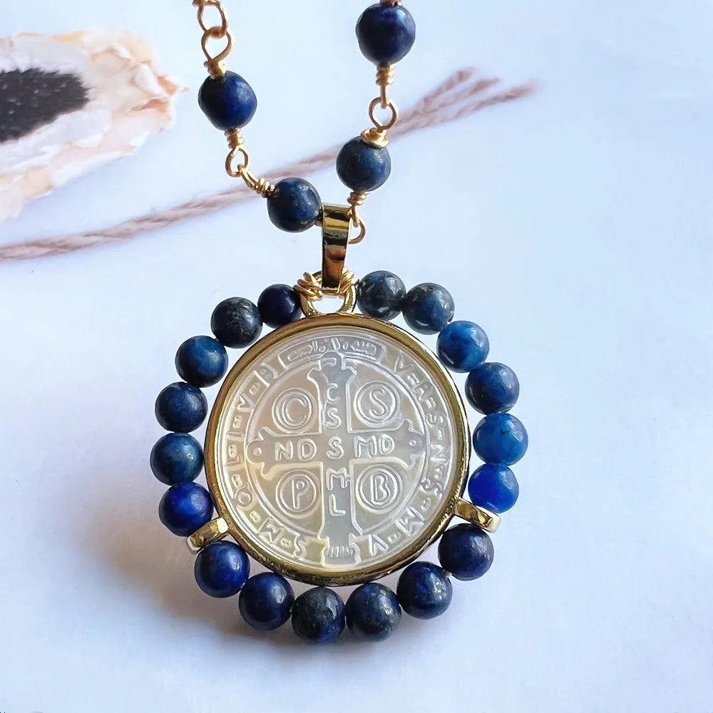 Knights Templar Commandery Necklace - Saint Benedict Natural Lapis Beads - Bricks Masons