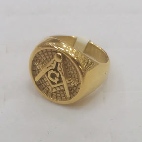 Master Mason Blue Lodge Ring - Round Embossed Stamped  Stainless Steel Gold Plated - Bricks Masons