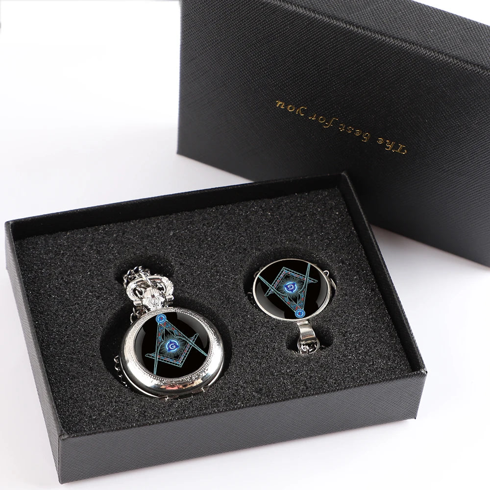 Master Mason Blue Lodge Pocket Watch - Pendant Chain Masonic Timepiece - Bricks Masons