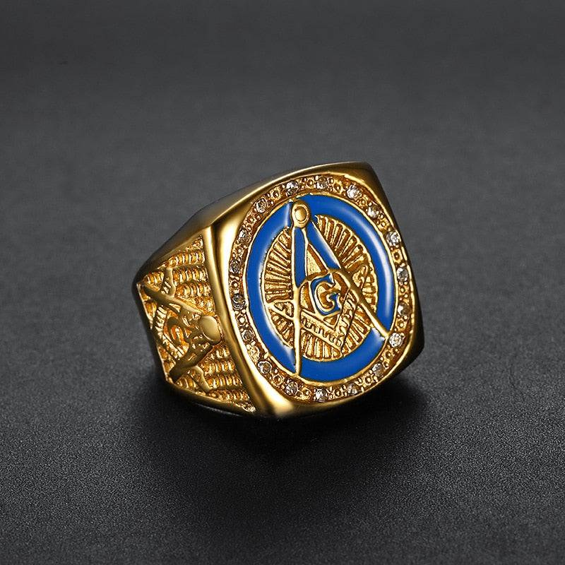 Master Mason Blue Lodge Ring - Square and Compass G Rhinestone