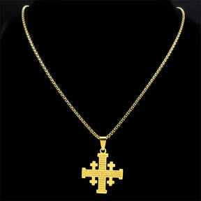 Knights Templar Commandery Necklace - Christian Jerusalem Cross Stainless Steel Bible Verse Lord's Prayer - Bricks Masons