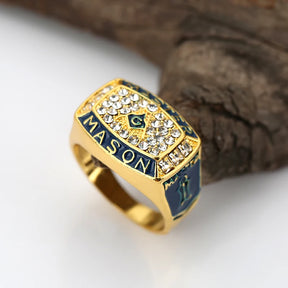 Master Mason Blue Lodge Ring - Blue & Gold Square and Compass G - Bricks Masons