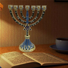 Ancient Israel Candle Holder - Hanukkah Enamel Menorah Embellished Candle Holder - Bricks Masons