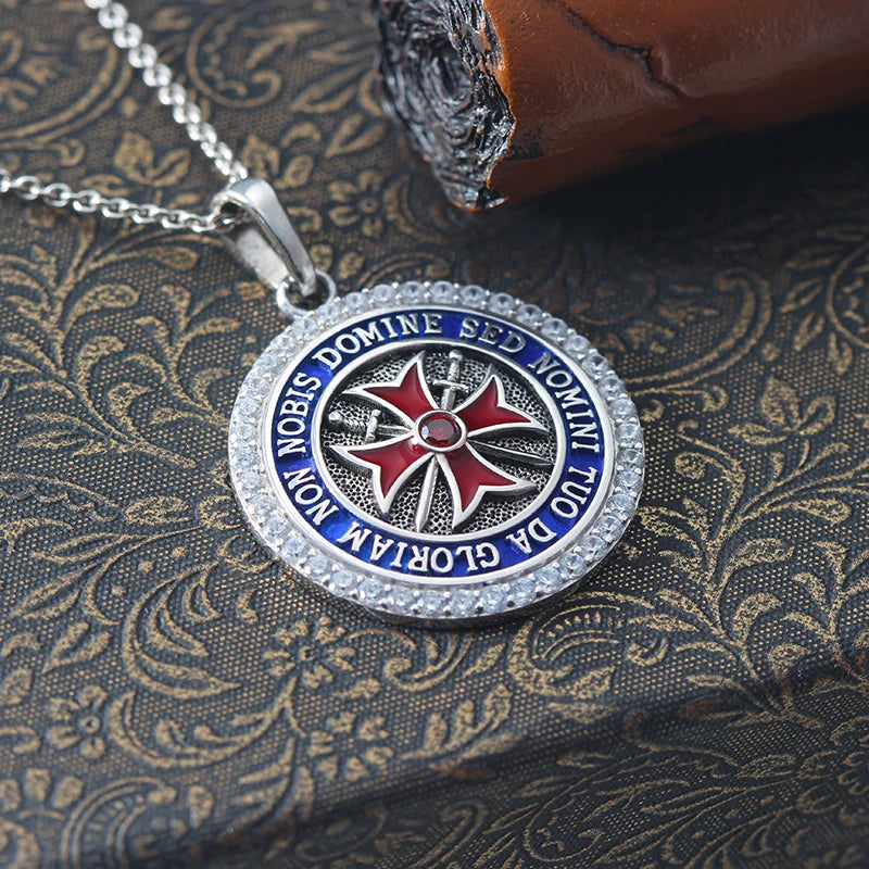 Knights Templar Pendant - Convexity Round Red Cross Frame Sword Sterling Silver - Bricks Masons