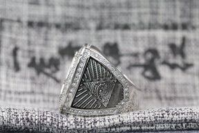 Master Mason Blue Lodge Ring - White Gold Plated Rhinestones With S&C G - Bricks Masons