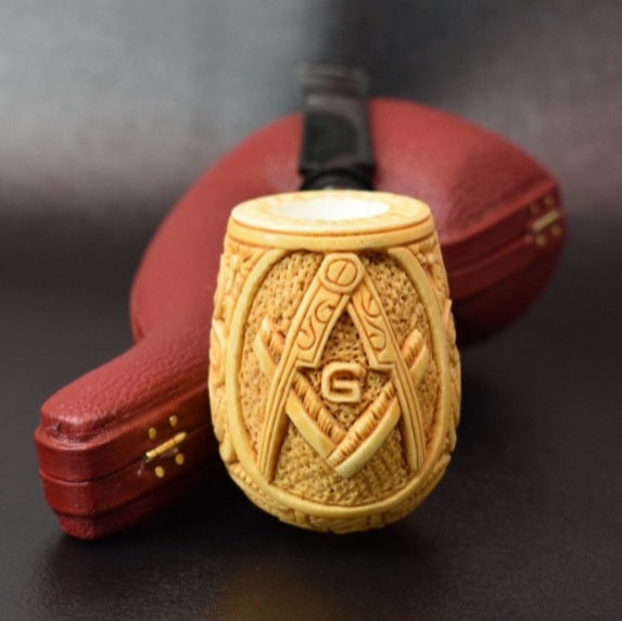 Master Mason Blue Lodge Meerschaum Pipe - Gold & Black Square and Compass G - Bricks Masons