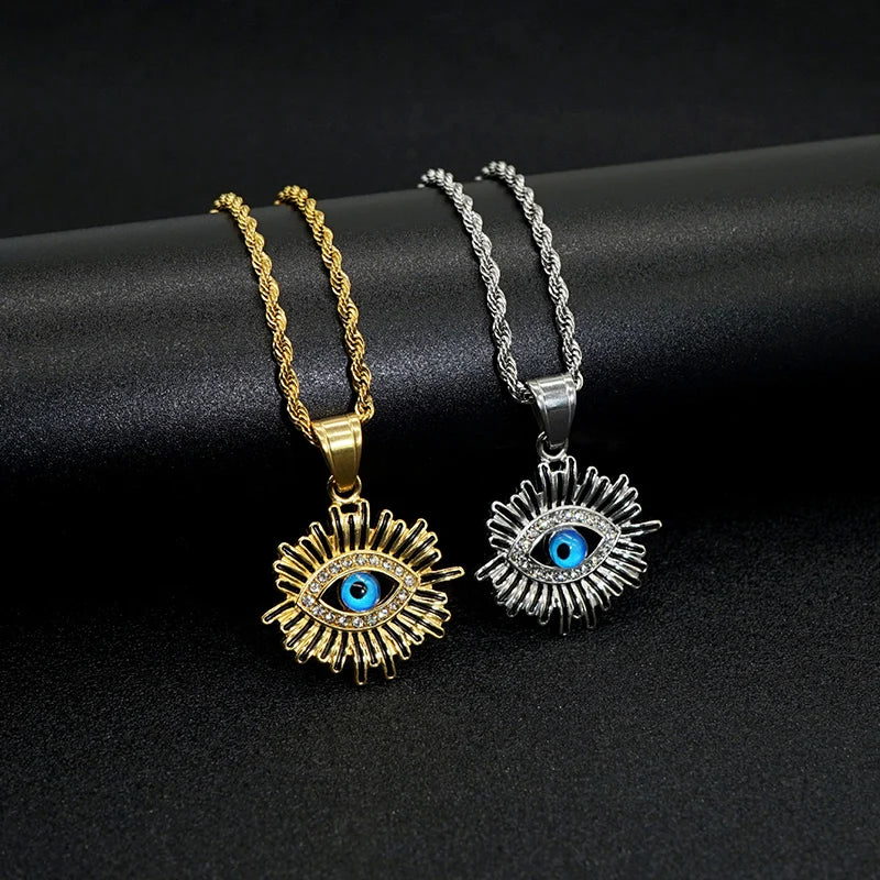 Eye Of Providence Necklace - Plated Stainless Steel With Blue Eye - Bricks Masons
