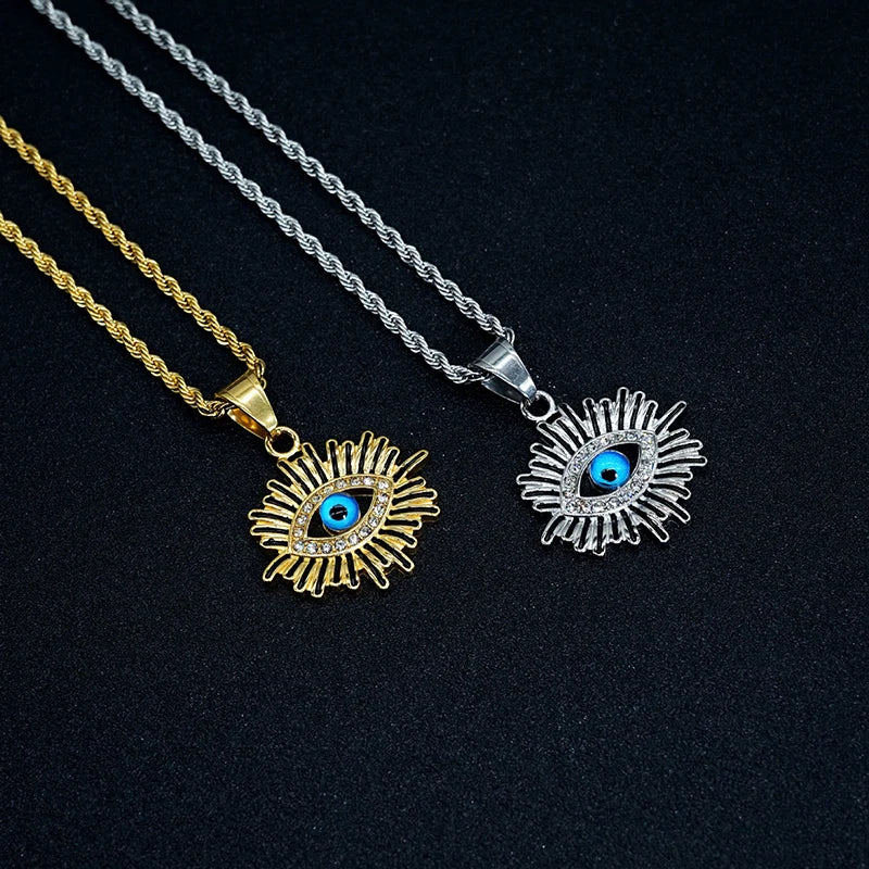 Eye Of Providence Necklace - Plated Stainless Steel With Blue Eye - Bricks Masons