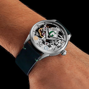 Master Mason Blue Lodge Wristwatch -  Silver Skeleton Dial Intricate Detailing