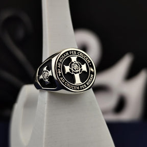 18th Degree Rose Croix Scottish Rite Ring - Blooming Rose & Latin Motto - Bricks Masons