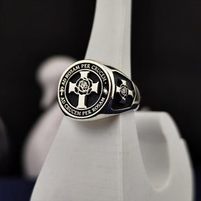 18th Degree Rose Croix Scottish Rite Ring - Blooming Rose & Latin Motto - Bricks Masons