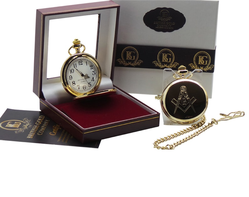 Master Mason Blue Lodge Pocket Watch - 24K Gold Clad Custom Engraving Luxury Gift - Bricks Masons