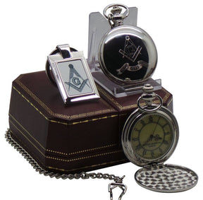 Master Mason Blue Lodge Pocket Watch - Full Hunter Real Silver Plated with Keyring Compass - Bricks Masons