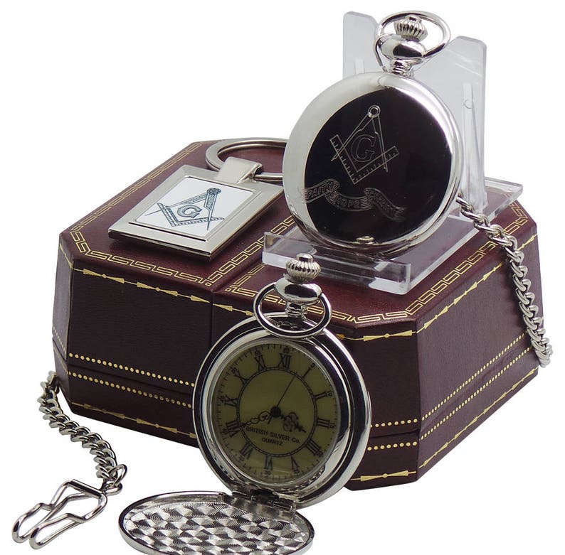 Master Mason Blue Lodge Pocket Watch - Full Hunter Real Silver Plated with Keyring Compass - Bricks Masons
