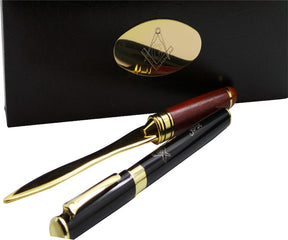 Master Mason Blue Lodge Letter Opener - 24k Gold Clad Engraved & Rollerball Pen Gift Set