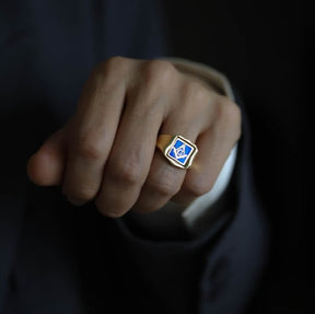 Master Mason Blue Lodge Ring - Solid Gold & Blue Enamel Swivel