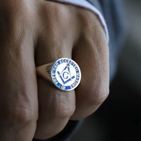 Master Mason Blue Lodge Ring - Silver Blue Enamel 925 Sterling Silver