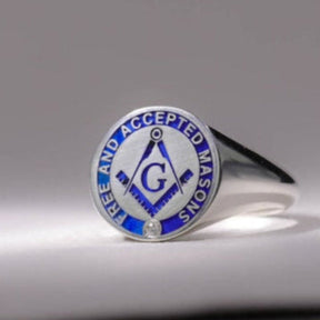Master Mason Blue Lodge Ring - Silver Blue Enamel 925 Sterling Silver