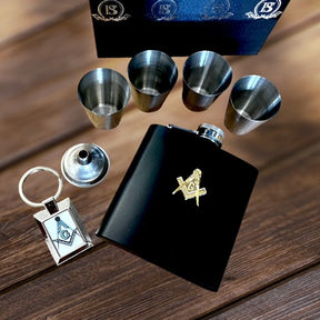 Master Mason Blue Lodge Flask - 7 Piece Luxury Gift Set with Gold Emblem