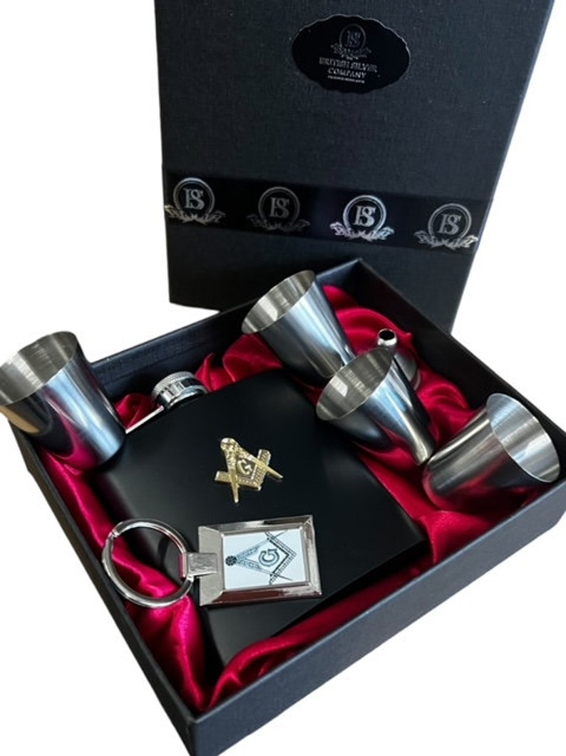 Master Mason Blue Lodge Flask - 7 Piece Luxury Gift Set with Gold Emblem