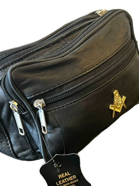Master Mason Blue Lodge Waist Bag - Genuine Leather 24k Gold Clad Emblem - Bricks Masons