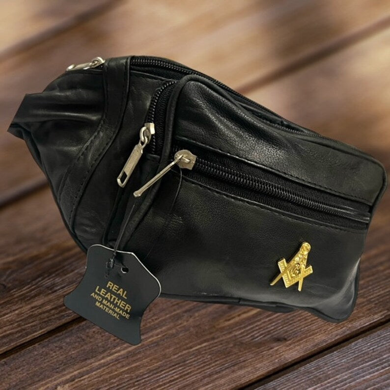 Master Mason Blue Lodge Waist Bag - Genuine Leather 24k Gold Clad Emblem - Bricks Masons