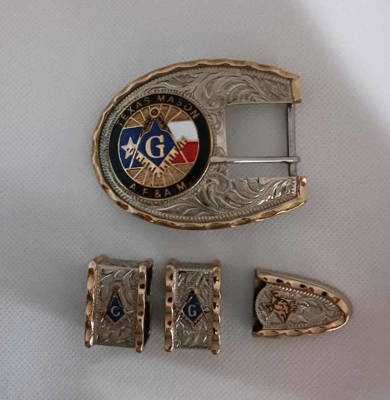 Master Mason Blue Lodge Belt Buckle - Ranger Style Buckle Set Texas Mason