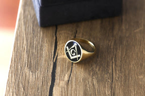 Master Mason Blue Lodge Ring - Gold & Black Enamel Various Materials - Bricks Masons