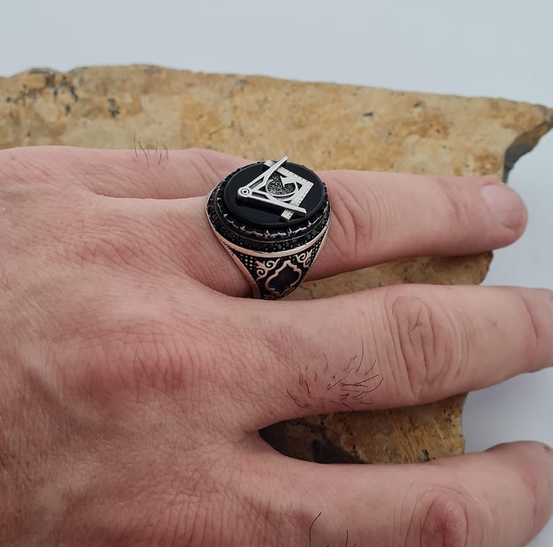Master Mason Blue Lodge Ring - Handmade Sterling Silver Onyx - Bricks Masons