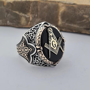 Master Mason Blue Lodge Ring - Sterling Silver Onyx - Bricks Masons