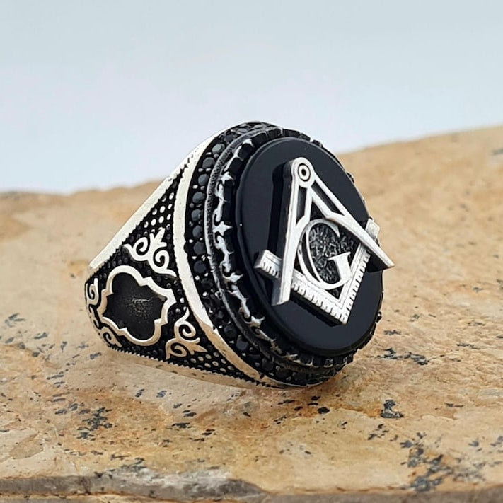Master Mason Blue Lodge Ring - Handmade Sterling Silver Onyx - Bricks Masons