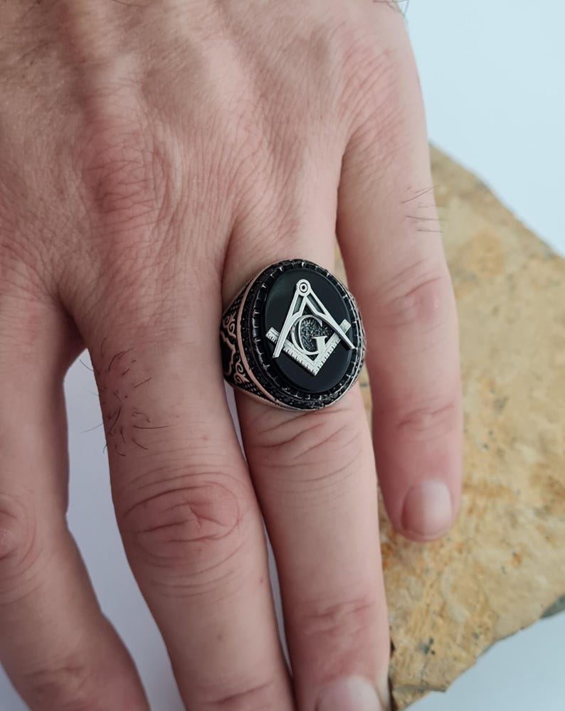 Master Mason Blue Lodge Ring - Handmade Sterling Silver Onyx - Bricks Masons