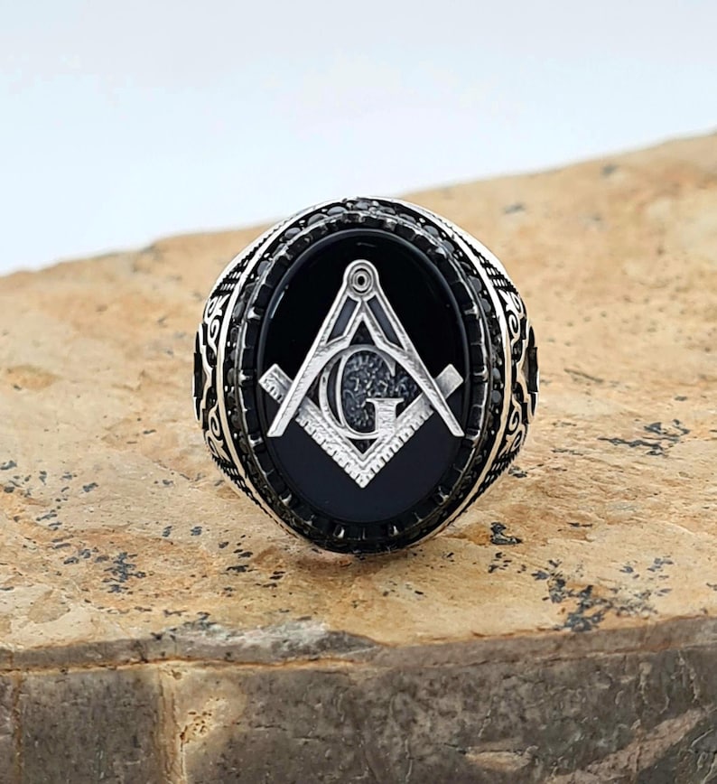 Master Mason Blue Lodge Ring - Handmade Sterling Silver Onyx - Bricks Masons