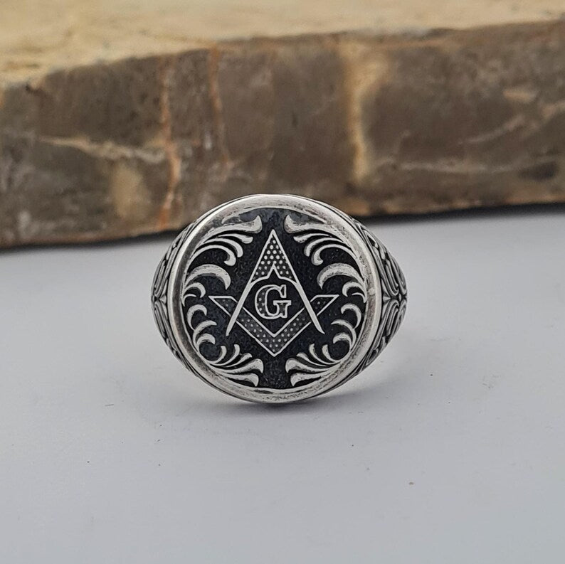 Master Mason Blue Lodge Ring - Handmade Sterling Silver Masonic - Bricks Masons