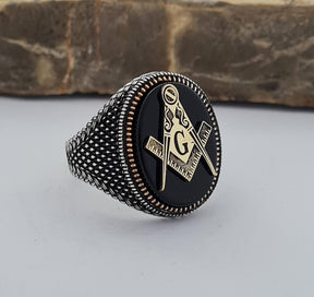 Master Mason Blue Lodge Ring - Handmade Sterling Silver Onyx - Bricks Masons